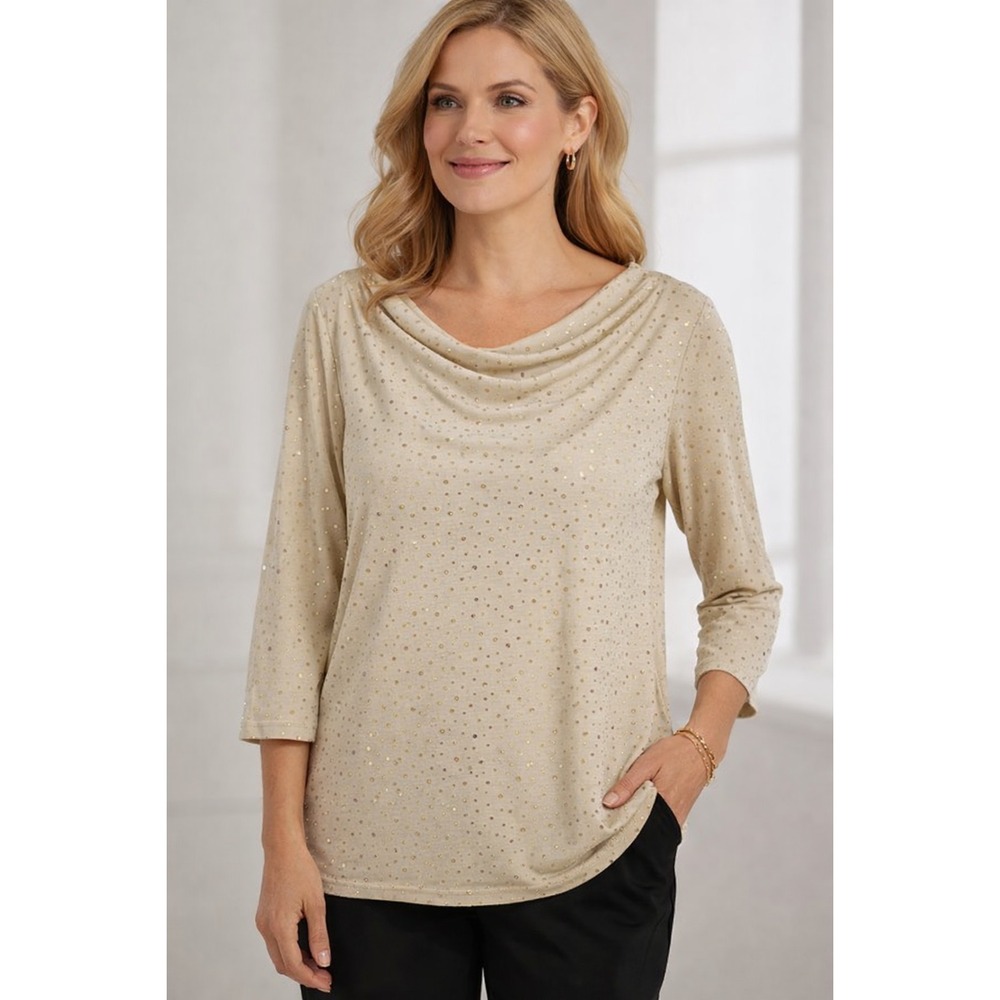 SUSAN GRAVER Liquid Knit Cowl Neck Top Beige Gold Sequin Dot‎ Stretch Sz LARGE